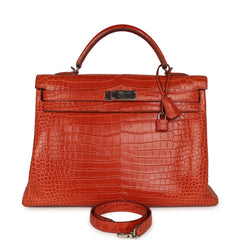 Pre-owned Hermes Kelly Retourne 40 Sanguine Matte Porosus Crocodile Palladium Hardware