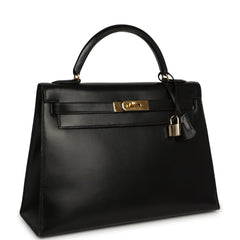 Vintage Hermes Kelly Sellier 32 Black Box Gold Hardware