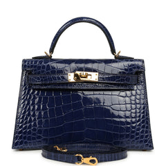 Pre-owned Hermes Kelly Sellier 20 Bleu Saphir Shiny Alligator Gold Hardware