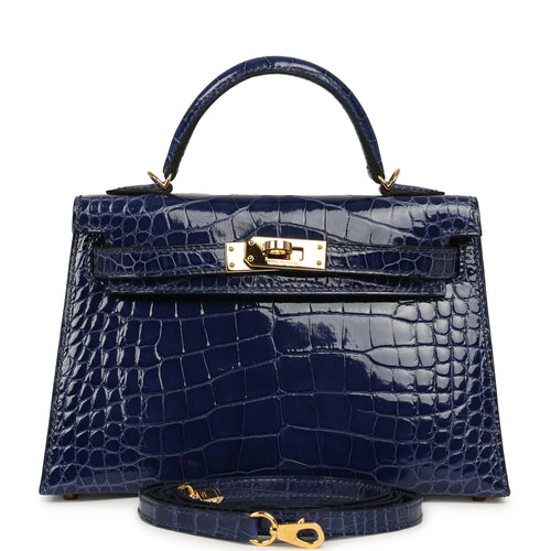 Pre-owned Hermes Kelly Sellier 20 Bleu Saphir Shiny Alligator Gold Hardware