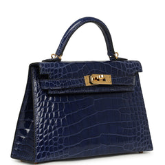 Pre-owned Hermes Kelly Sellier 20 Bleu Saphir Shiny Alligator Gold Hardware