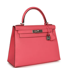 Pre-owned Hermes Kelly Sellier 28 Rose Azalee Epsom Palladium Hardware