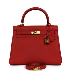 Pre-owned Hermes Kelly Retourne 25 Vermillion Togo Gold Hardware