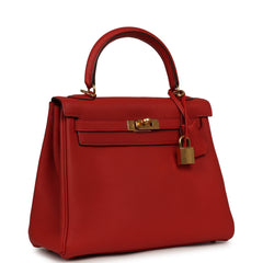 Pre-owned Hermes Kelly Retourne 25 Vermillion Togo Gold Hardware
