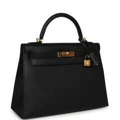 Pre-owned Hermes Kelly Sellier 32 Black Epsom Gold Hardware