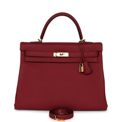 Pre-owned Hermes Kelly Retourne 35 Rouge Grenat Togo Gold Hardware