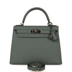 Pre-owned Hermes Kelly Sellier 28 Vert Amande Epsom Palladium Hardware