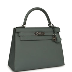 Pre-owned Hermes Kelly Sellier 28 Vert Amande Epsom Palladium Hardware