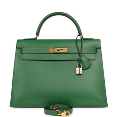 Vintage Hermes Kelly Sellier 32 Vert Bengale Courchevel bag, featuring gold hardware, a turn-lock, padlock, and strap.