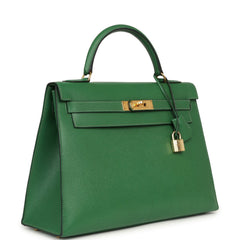 Vintage Hermes Kelly Sellier 32 Vert Bengale bag, shown with a top handle and gold-tone padlock hardware.