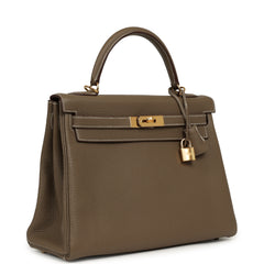 Pre-owned Hermes Kelly Retourne 32 Etoupe Clemence Gold Hardware