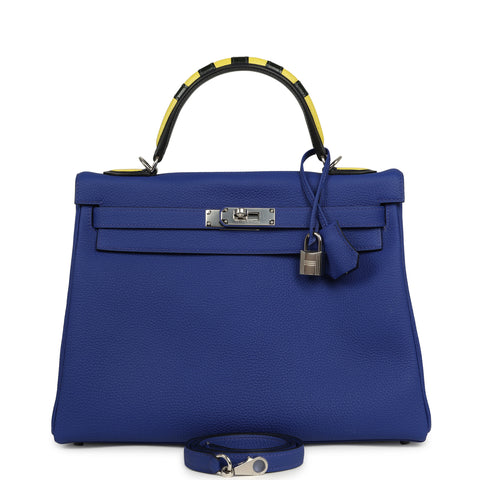 Hermes "Au Trot" Kelly Retourne 32 Bleu Electric Togo, Lime Chevre, Vert Fonce, Bleu Indigo Box Palladium Hardware