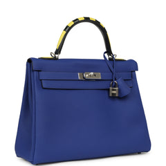 Hermes "Au Trot" Kelly Retourne 32 Bleu Electric Togo, Lime Chevre, Vert Fonce, Bleu Indigo Box Palladium Hardware
