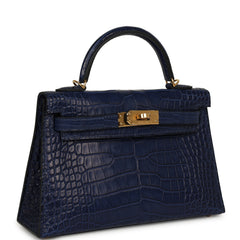 Hermes Kelly Sellier 20 Bleu Saphir Matte Alligator Gold Hardware