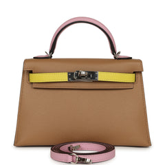 Pre-owned Hermes Kelly Sellier 20 Tri-color Chai, Mauve Sylvestre, Lime Epsom Palladium Hardware