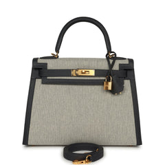 Hermes Kelly Sellier 28 Ardoise Swift, Ecru Toile H Canvas Gold Hardware