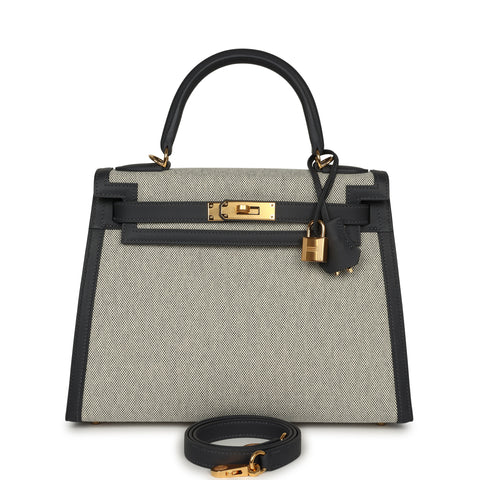 Hermes Kelly Sellier 28 Ardoise Swift, Ecru Toile H Canvas Gold Hardware