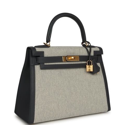 Hermes Kelly Sellier 28 Ardoise Swift, Ecru Toile H Canvas Gold Hardware