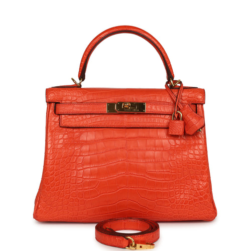 Pre-owned Hermes Kelly Retourne 28 Orange Poppy Matte Alligator Gold Hardware