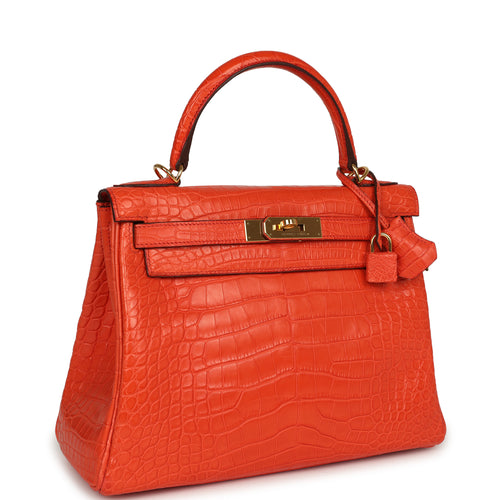 Pre-owned Hermes Kelly Retourne 28 Orange Poppy Matte Alligator Gold Hardware