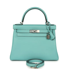 Pre-owned Hermes Kelly Retourne 28 Bleu Atoll Verso Evercolor Palladium Hardware