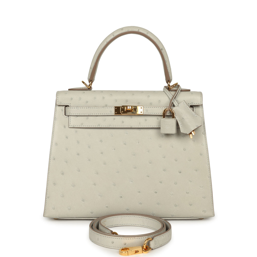 Pre-owned Hermes Kelly Sellier 25 Gris Perle Ostrich Gold Hardware