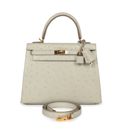 Pre-owned Hermes Kelly Sellier 25 Gris Perle Ostrich Gold Hardware