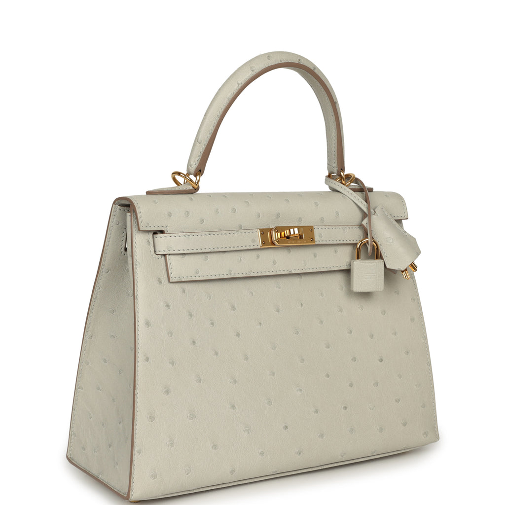 Pre-owned Hermes Kelly Sellier 25 Gris Perle Ostrich Gold Hardware