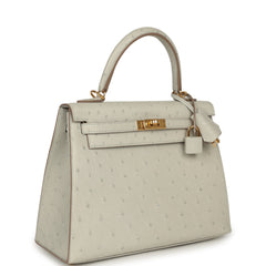 Pre-owned Hermes Kelly Sellier 25 Gris Perle Ostrich Gold Hardware