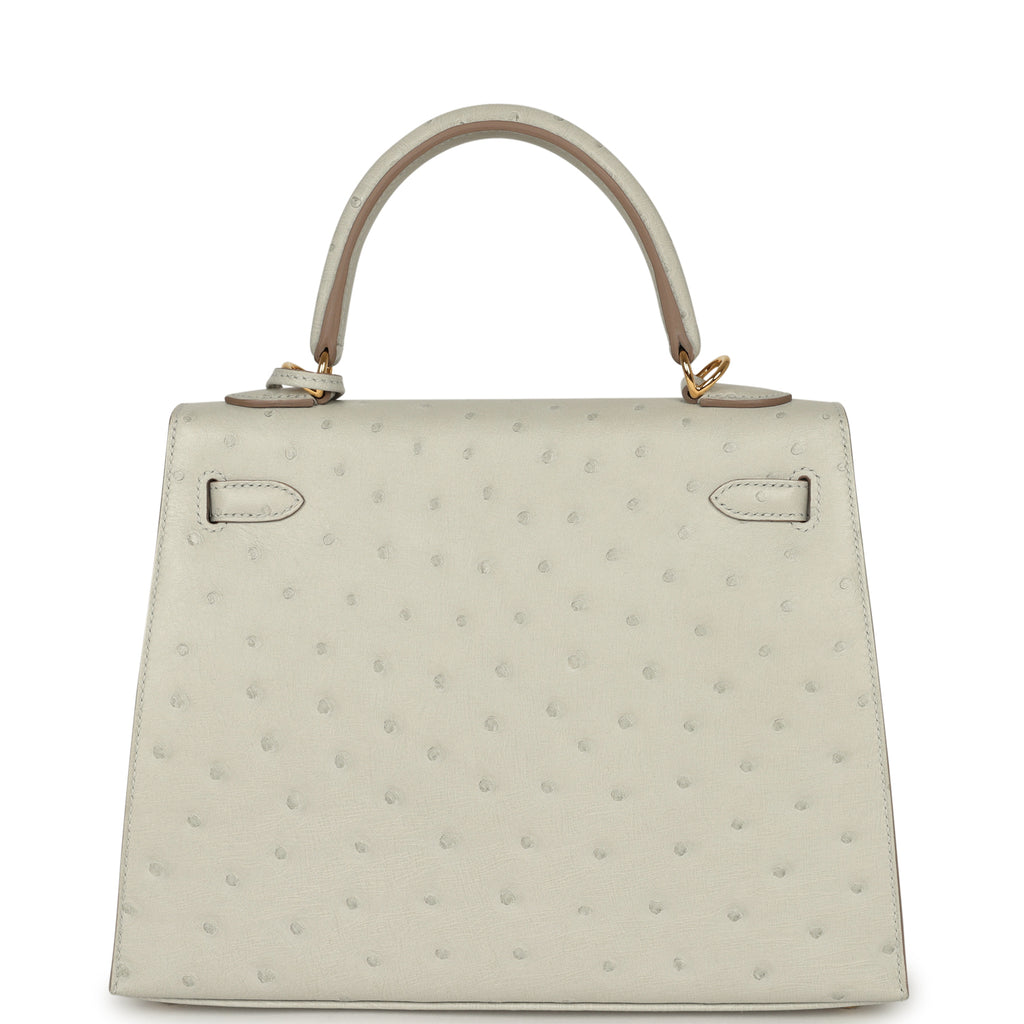 Pre-owned Hermes Kelly Sellier 25 Gris Perle Ostrich Gold Hardware