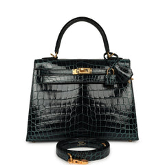 Hermes Kelly Sellier 25 Vert Rousseau Shiny Niloticus Crocodile Gold Hardware