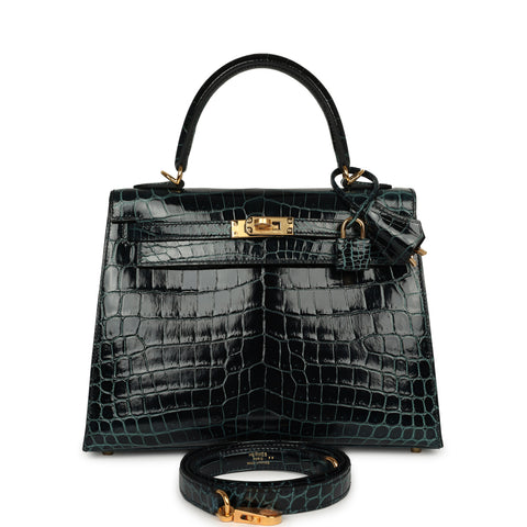 Hermes Kelly Sellier 25 Vert Rousseau Shiny Niloticus Crocodile Gold Hardware