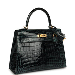 Hermes Kelly Sellier 25 Vert Rousseau Shiny Niloticus Crocodile Gold Hardware