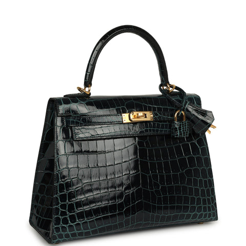 Hermes Kelly Sellier 25 Vert Rousseau Shiny Niloticus Crocodile Gold Hardware
