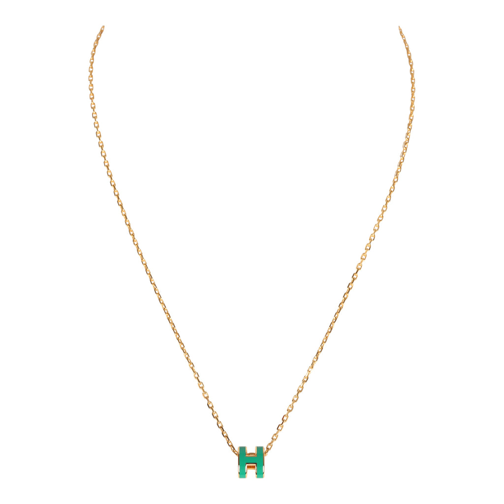 Hermes Mini Pop H Pendant Necklace Malachite Enamel Lacquered Gold Hardware