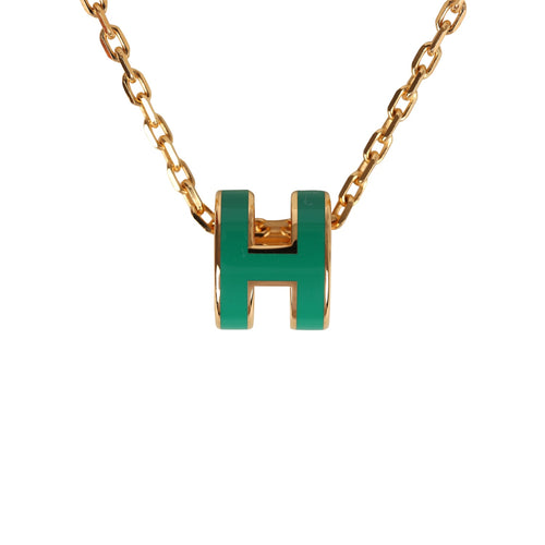 Hermes Mini Pop H Pendant Necklace Malachite Enamel Lacquered Gold Hardware