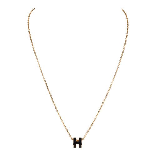 Hermes Mini Pop H Pendant Necklace Black Enamel Lacquered Yellow Gold Hardware