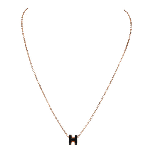 Hermes Mini Pop H Pendant Necklace Black Enamel Lacquered Rose Gold Hardware