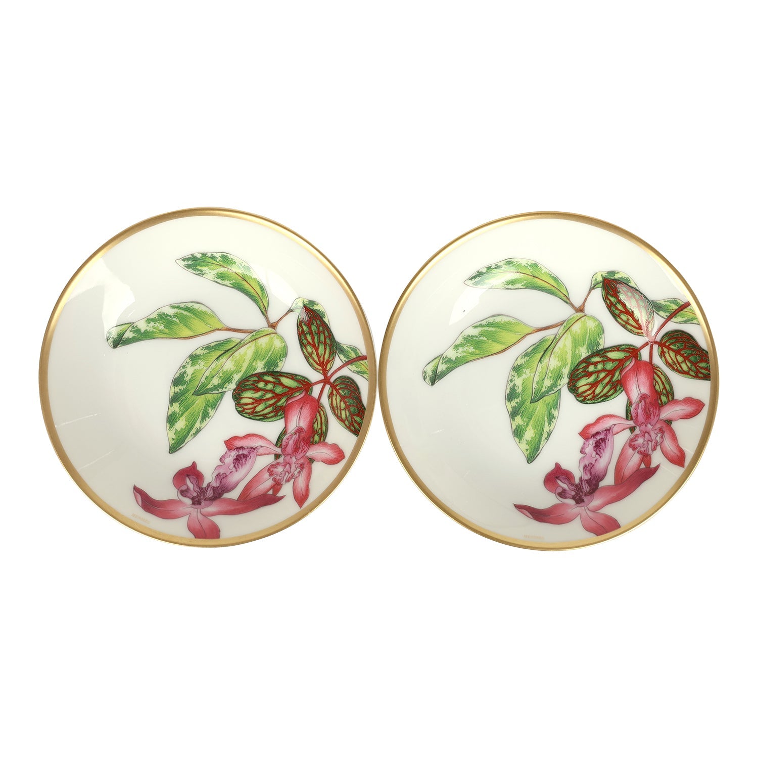 Hermes Passifolia Soy Dish Green, White & Pink 24K Gold & Porcelain Set