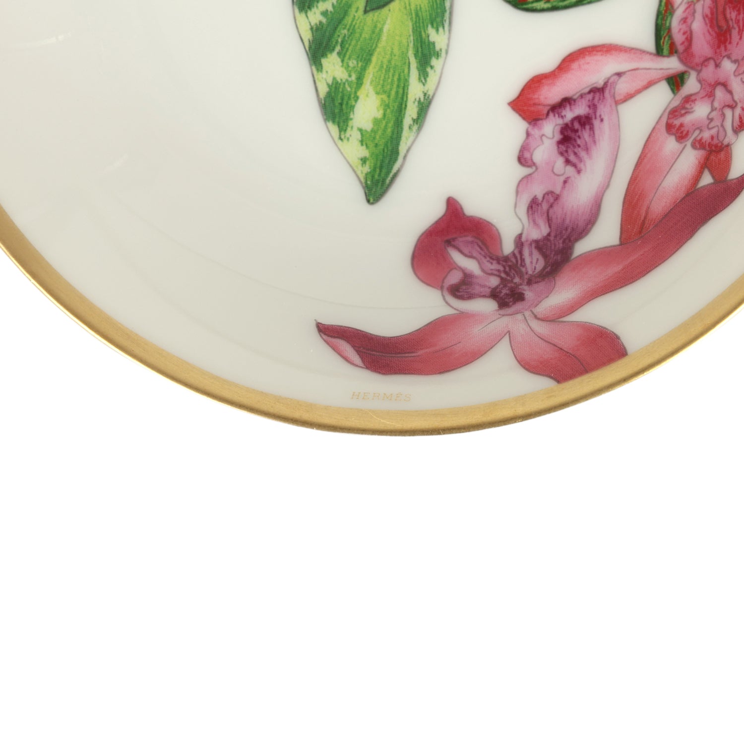 Hermes Passifolia Soy Dish Green, White & Pink 24K Gold & Porcelain Set