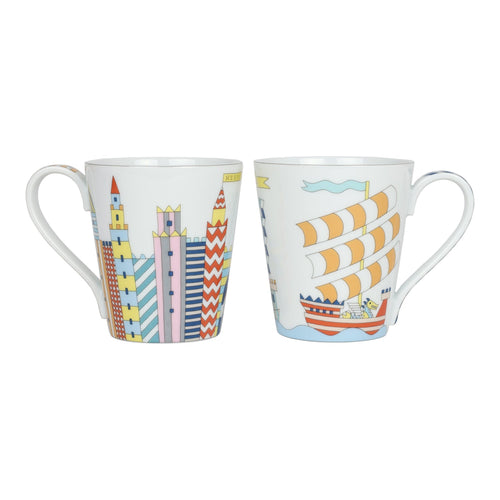 Hermes Epopee Set of 2 Mugs White Multicolor Porcelain