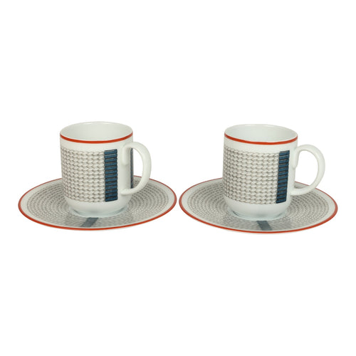 Hermes "Tressages Equestres" Orange, White and Blue Porcelain Coffee Cup & Saucer Set of 2