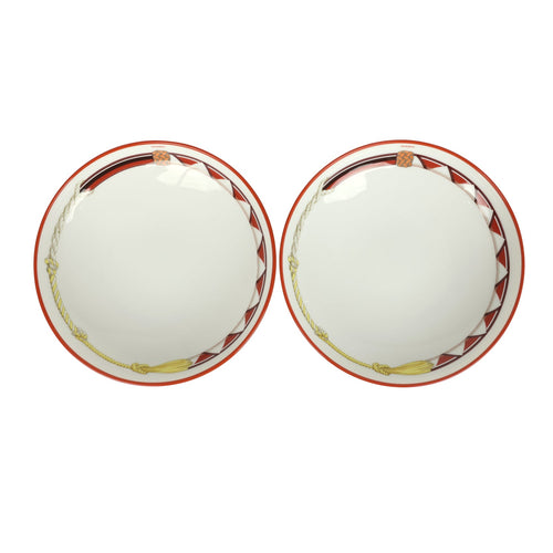 Hermes Medium "Tressages Equestres" Orange, White and Blue Porcelain Hollow Plate Set of 2