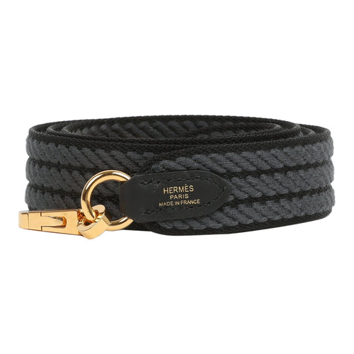 Hermes Sangle Bag Strap 25MM Gris Misty and Black Cordage Canvas and Swift Gold Hardware