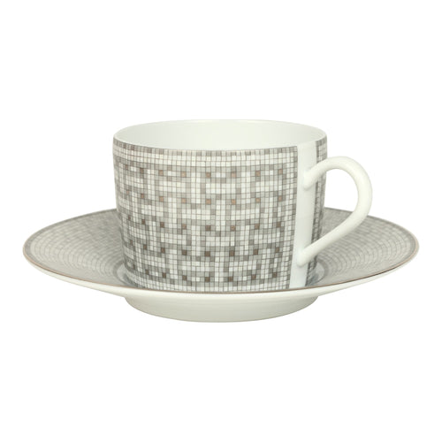 Hermes "Mosaique Au 24" White & Grey Porcelain Tea Cup and Saucer Set