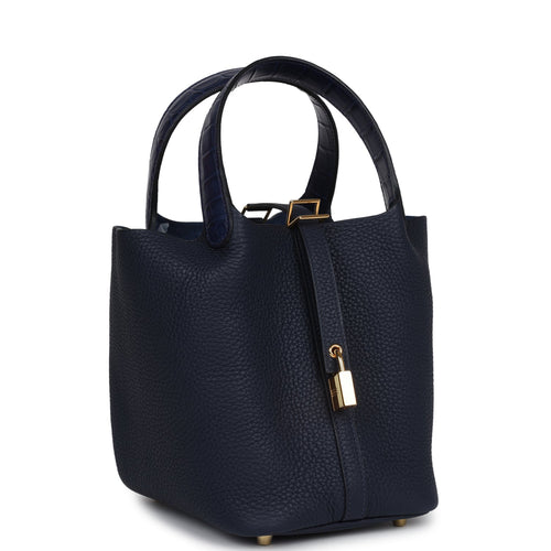 Hermes Picotin 18 Touch Bleu Nuit Clemence and Bleu Marine Matte Alligator Gold Hardware