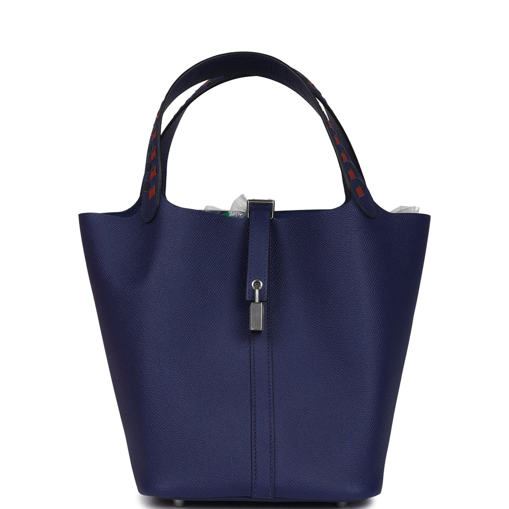 Hermes Picotin Lock 22 Tressage De Cuir Bleu Encre, Brique and Black Epsom Palladium Hardware Blue Never worn Epsom