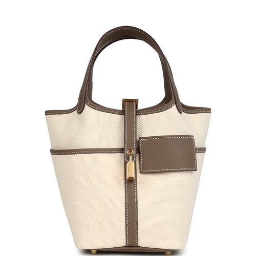 Hermes Picotin Cargo 18 Ecru Toile Canvas and Etoupe Swift Gold Hardware