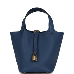 Hermes Picotin Lock 18 Bleu Tie Clemence Permabrass Hardware