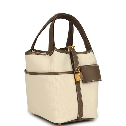 Hermes Picotin Cargo 18 Ecru Toile Canvas and Etoupe Swift Gold Hardware